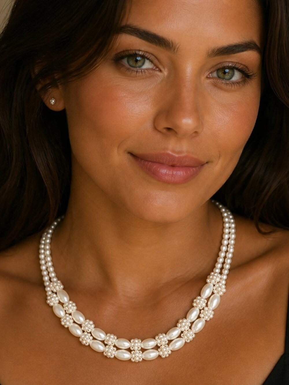 RMN Faux Pearl Double-Strand Floral Necklace